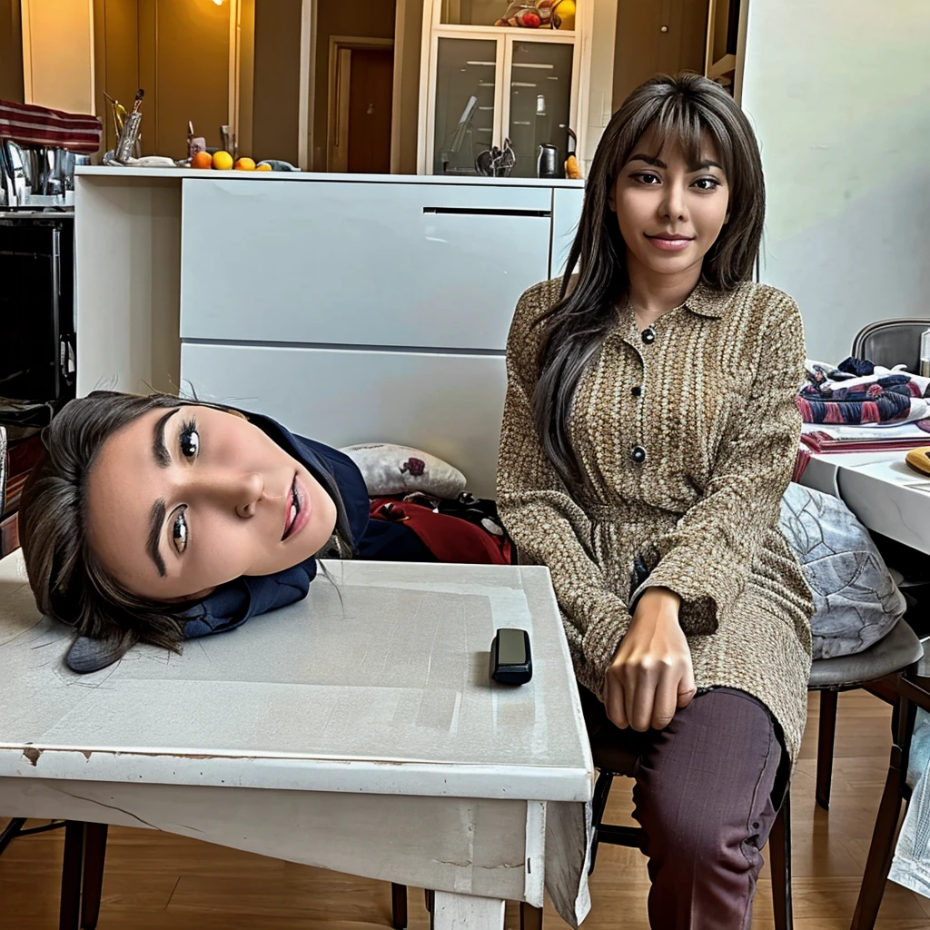 Woman severed head with peaceful expression sitting on table
