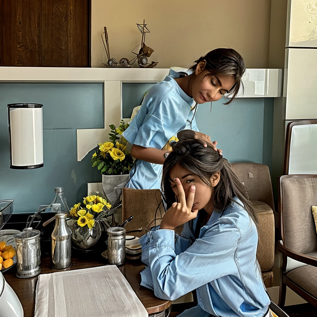 Woman severed head with peaceful expression sitting on table