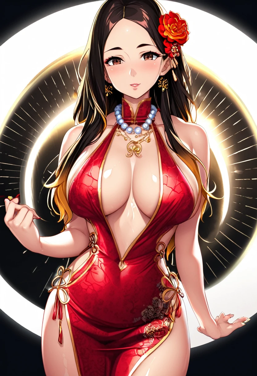 (((best quality))), ((ultra-detailed)), ((an extremely delicate and beautiful)), ((16k)), realistic, hd, cgi, gleaming hair, gleaming skin, gleaming dress, Character focus, solo, strong light coming in, sharp focus, illustration, game cg, anime, solo, curvy, (big breasts:1.3), forehead, ( white gold lining Chinese Lace Up Cheongsam Open Chest Bodycon Dress High Slit Qipao mini), faste collarbone, (belly:0.9), looking at the viewer, ocean, flower hair ornament, accessories, backlighting, shiny skin, shiny body, necklace, jewellery, black-brown hair, bead necklace, red faded into black colored hair, brown eyes, long hair, red ombre hair, red-black hair, more yellow hair streaks, smaller dress, mommy goddess, looking down at the viewer, goddess, female dominance, loving look, slightly close to the viewer