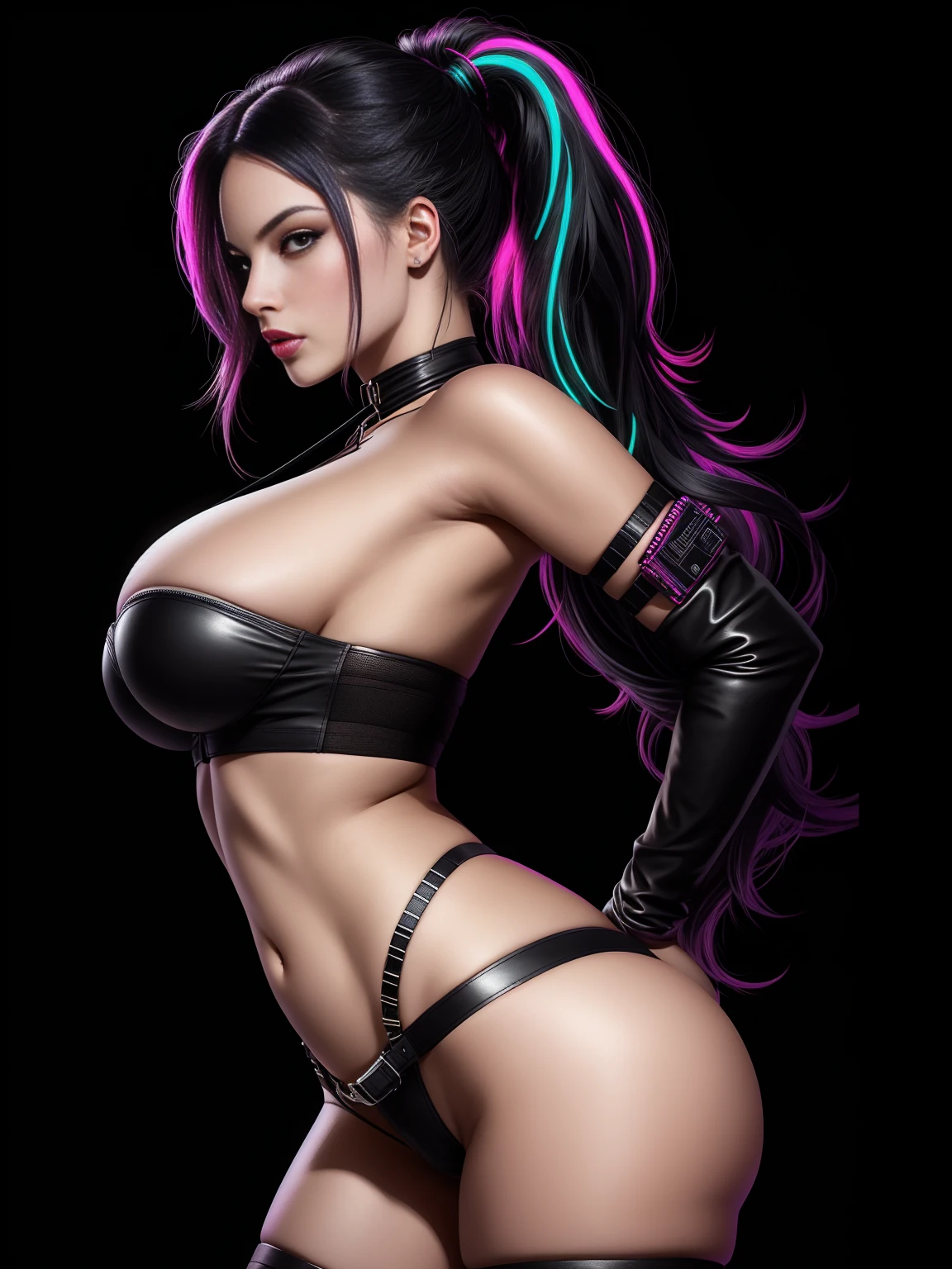 there is Margot Robbie, black neon streaked hair, hair in pony tail, 3 d neon art of a womans body, neon-noir background, cyberpunk femme fatale, seductive cyberpunk dark fantasy, fishnet stockings, cyberpunk strip clubs, cyberpunk 20 y. o model girl, oppai cyberpunk, banner, high definition cgsociety, cgsociety masterpiece, trending on cgstation, kda, random hair, nice ass, back to camera, gigantic breasts, cleavage, (high detailed skin:1.2), 8k uhd, dslr, super lighting, high quality, film grain, high res, highly detailed, hyper realistic, beautiful face, beautiful body, beautiful eyes nose lips, alluring expression, very bold, upper visible, full body photo, standing legs apart, pale translucent glowing skin, most beautiful face, cute, (well defined pubic hair:1.2)), (dark plain black background:1.4))