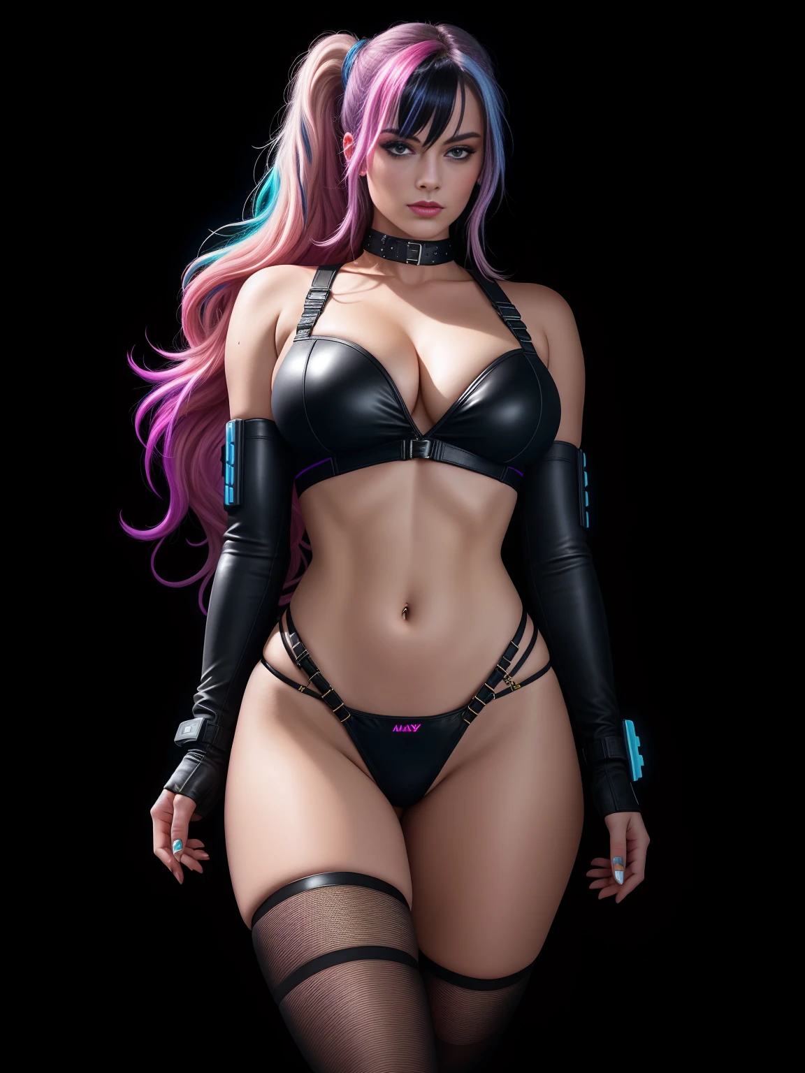 there is Margot Robbie, navy blue and bright purple neon streaked hair, hair in pony tail, 3 d neon art of a womans body, neon-noir background, cyberpunk femme fatale, seductive cyberpunk dark fantasy, fishnet stockings, nice ass, cyberpunk strip clubs, cyberpunk 20 y. o model girl, oppai cyberpunk, banner, high definition cgsociety, cgsociety masterpiece, trending on cgstation, kda, random hair, looking at camera, gigantic breasts, cleavage, (high detailed skin:1.2), 8k uhd, dslr, super lighting, high quality, film grain, high res, highly detailed, hyper realistic, beautiful face, beautiful body, beautiful eyes nose lips, alluring expression, very bold, upper visible, full body photo, standing legs apart, pale translucent glowing skin, most beautiful face, cute, (well defined pubic hair:1.2)), (dark plain black background:1.4))