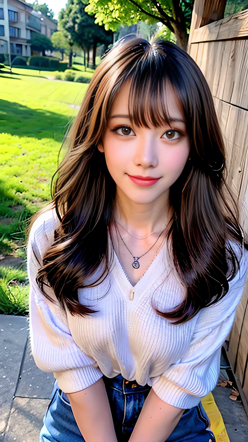 seed:4195271995,((Full Body Angle:1.1)),((Highest quality, 8K, masterpiece: 1.3)), concentrated: 1.2,Front hair:1.3, Cute girl 1,Nipples erect、 Perfect beauty: 1.4,Colorful ribbed knit half-zip T-shirt、Shorts,: 1.2,Randall Color、comics&Text Graphics、Black,1.1, Highly detailed face and skin textures, Fine grain, double eyelid, whitening skin, ,Highest quality,Ultra-high resolution,you,1 girl,alone,_Shiny_skin,Iris,necklace,((brown_length_Wavy_hair)),(lips)),eyelash,Front hair,deal with,compensate,Shiny,pore,skin big breasts、(smiling face)、Front hair、Walking in the park、walk