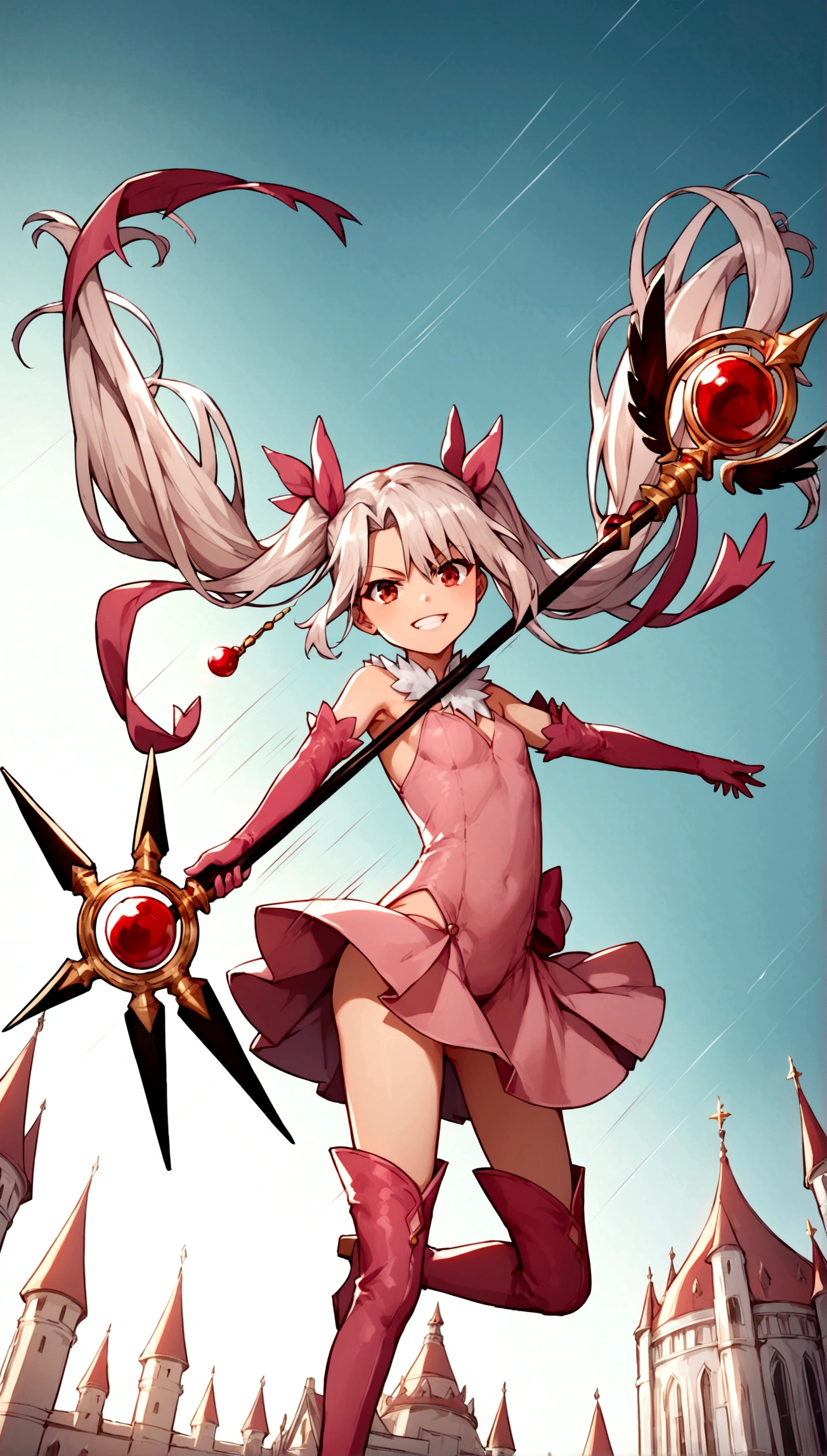 (score_9,score_8_up,score_7_up),(cowboy shot),looking at viewer,1girl,,illyasviel von einzbern,fate \(series\),white hair,red eyes,long hair,twin tails,hair ornament,feathers,pink dress,elbow gloves,magic girl,pink thigh Boots,standing,simple background,white background,serious grin,standing,holding ruby-wins-staff,mansion,((flying)),(dynamic angle,speed line,motion lines),