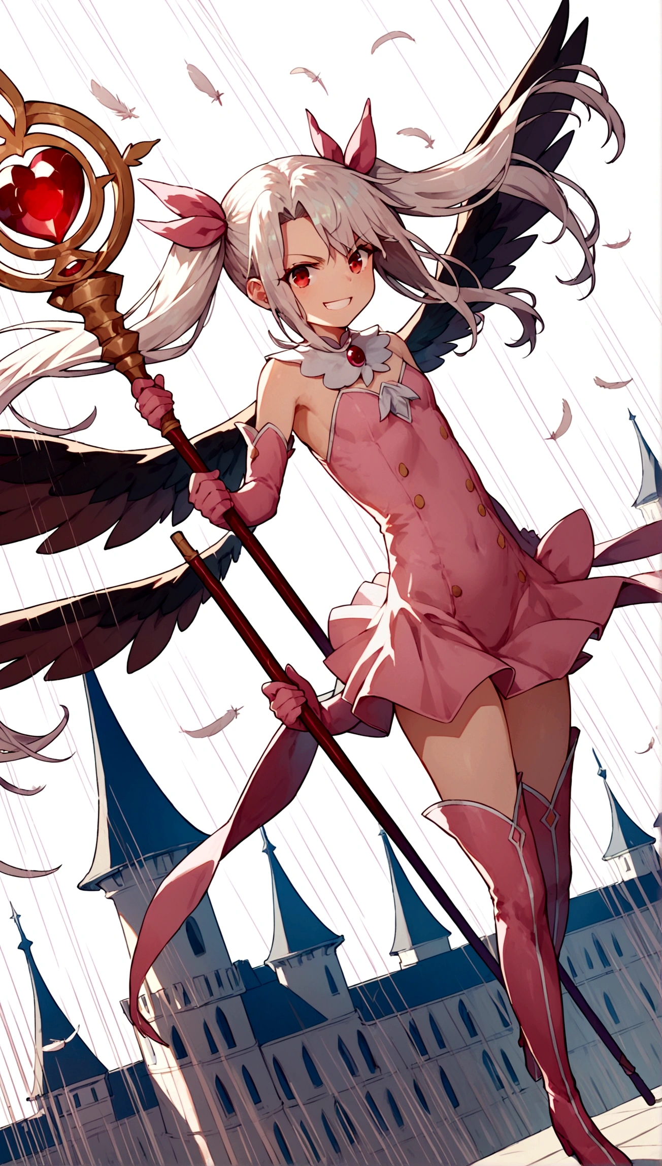 (score_9,score_8_up,score_7_up),(cowboy shot),looking at viewer,1girl,loli,illyasviel von einzbern,fate \(series\),white hair,red eyes,long hair,twin tails,hair ornament,feathers,pink dress,elbow gloves,magic girl,pink thigh Boots,standing,simple background,white background,serious grin,standing,holding ruby-wins-staff,mansion,((flying)),(dynamic angle,speed line,motion lines),