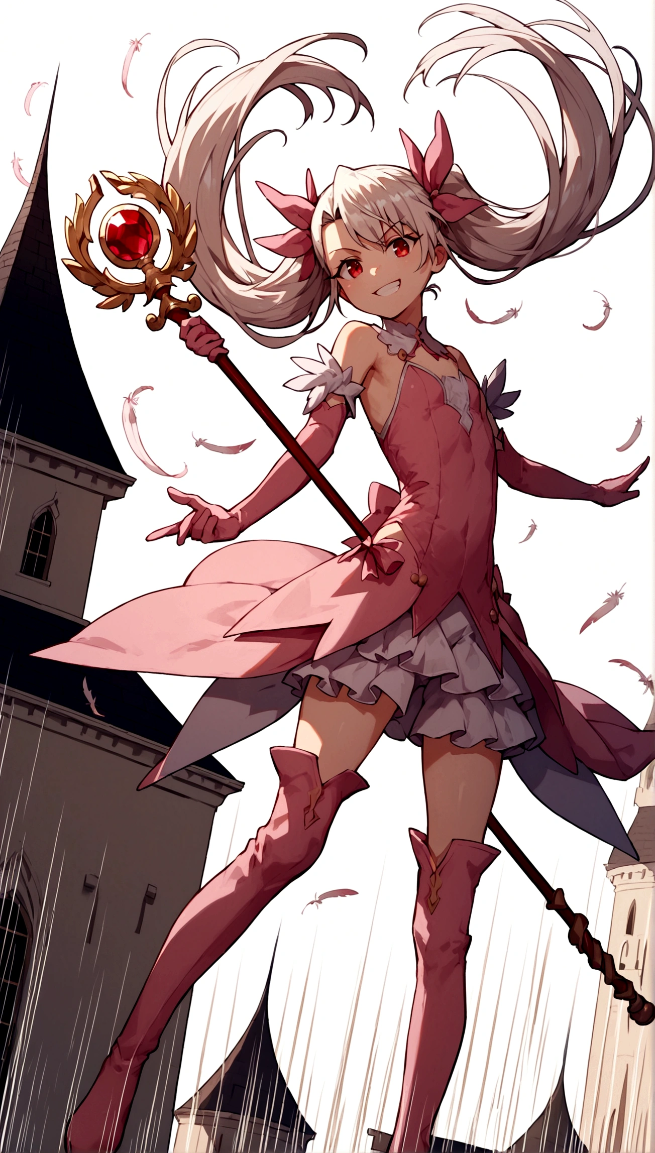 (score_9,score_8_up,score_7_up),(cowboy shot),looking at viewer,1girl,loli,illyasviel von einzbern,fate \(series\),white hair,red eyes,long hair,twin tails,hair ornament,feathers,pink dress,elbow gloves,magic girl,pink thigh Boots,standing,simple background,white background,serious grin,standing,holding ruby-wins-staff,mansion,((flying)),(dynamic angle,speed line,motion lines),