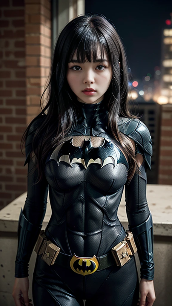((Cowboy Shot))、Mature Woman、(masterpiece, Highest quality), Intricate details, 8K, 1 Girl, Long Hair, Bowl Cut Hair,((blunt bangs))、 Black Hair,((Batman's suit with ultra-detailed and intricate design)),Skyscraper, city, building,street,((Delicate painting)),(Detailed RAW photos of girls), (Masterpiece:1.25), (Highest quality:1.6), (Ultra-high resolution:1.5), (Photorealistic:1.75), 8K resolution, Canon EOS R5, 50mm, Confused, Very detailed,Cinema Lighting、((Super big breasts))、The abdomen is visible、Ultra-delicate and intricately decorated thigh-high boots、Sexy pose、Super subtle and ultra cool decoration on Batman's suit、 ((Cape))