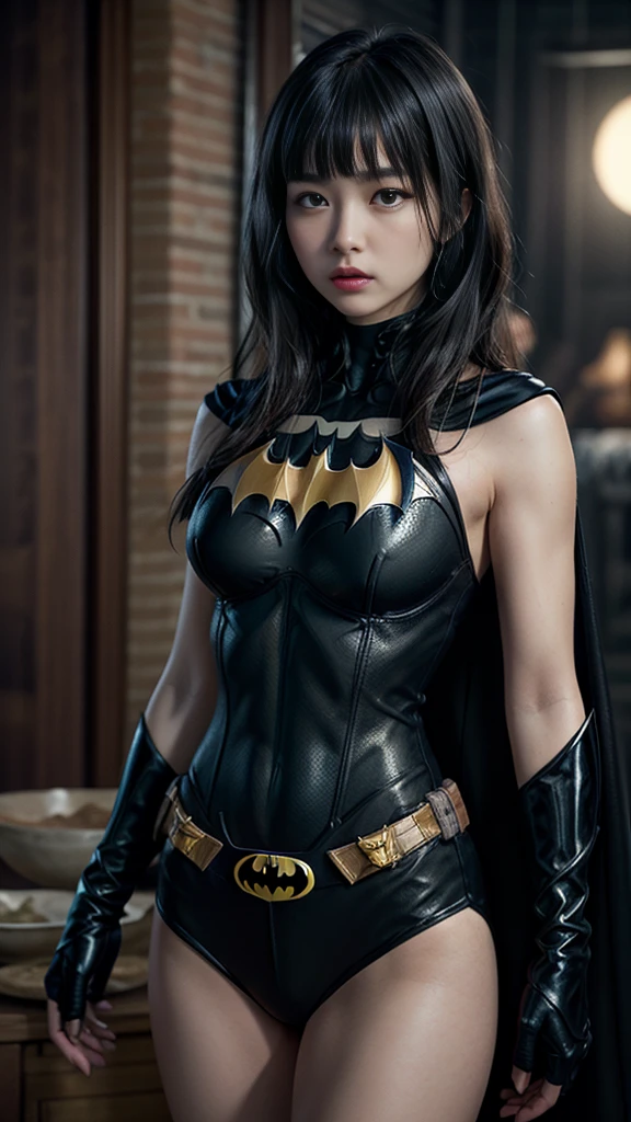 ((Cowboy Shot))、Mature Woman、(masterpiece, Highest quality), Intricate details, 8K, 1 Girl, Long Hair, Bowl Cut Hair,((blunt bangs))、 Black Hair,((Batman&#39;s suit with ultra-detailed and intricate design)),Skyscraper, city, building,street,((Delicate painting))，(Detailed RAW photos of girls), (Masterpiece:1.25), (Highest quality:1.6), (Ultra-high resolution:1.5), (Photorealistic:1.75), 8K resolution, Canon EOS R5, 50mm, Confused, Very detailed,Cinema Lighting、((Super big breasts))、The abdomen is visible、Ultra-delicate and intricately decorated thigh-high boots、Sexy pose、Super subtle and ultra cool decoration on Batman&#39;s suit、　((Cape))
