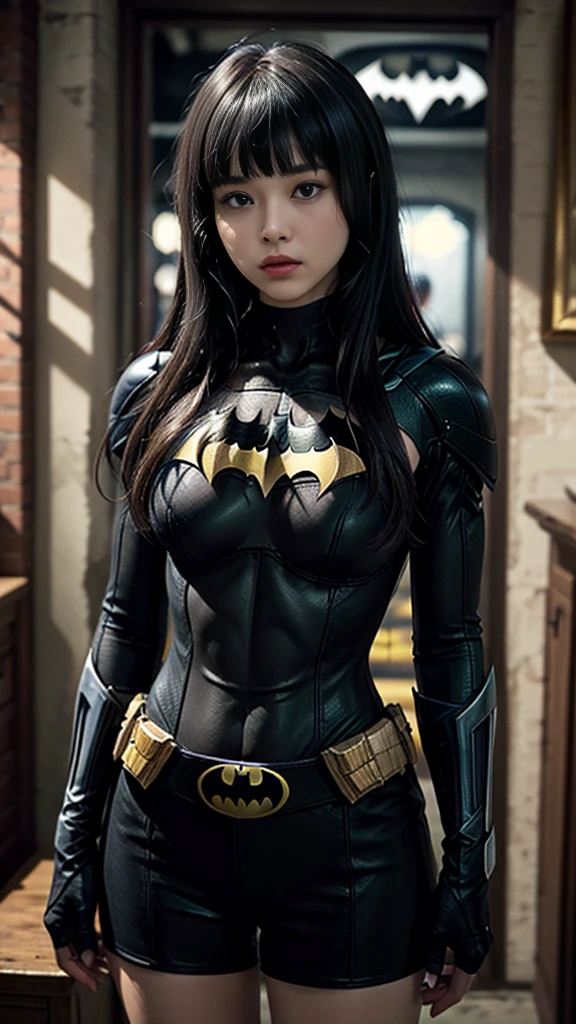 ((Cowboy Shot))、Mature Woman、(masterpiece, Highest quality), Intricate details, 8K, 1 Girl, Long Hair, Bowl Cut Hair,((blunt bangs))、 Black Hair,((Batman&#39;s suit with ultra-detailed and intricate design)),Skyscraper, city, building,street,((Delicate painting))，(Detailed RAW photos of girls), (Masterpiece:1.25), (Highest quality:1.6), (Ultra-high resolution:1.5), (Photorealistic:1.75), 8K resolution, Canon EOS R5, 50mm, Confused, Very detailed,Cinema Lighting、((Super big breasts))、The abdomen is visible、Ultra-delicate and intricately decorated thigh-high boots、Sexy pose、Super subtle and ultra cool decoration on Batman&#39;s suit、　((Cape))