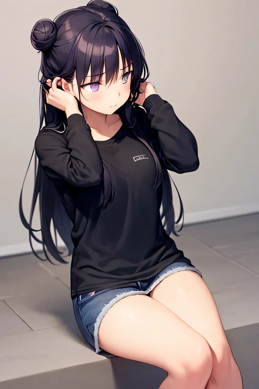 A girl with long black hair tied in two buns, purple eyes, wearing casual clothes, with a shy expression and looking away carelessly holding her hair.