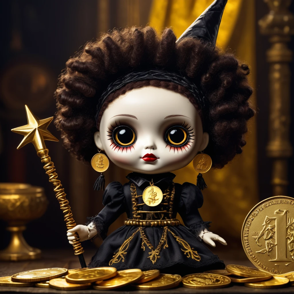 (Knitted toy doll voodoo:1.6), (Voodoo Gothic rich:1.3), (Classic costume with Gothic elements and lace cuffs:1.0), (in the hands of a magic wand with a gold coin at the end:1.9), (against the background of gold coins :1.3), best quality, masterpiece, detailed soft oil painting, detailed background, dramatic cinematic lighting, soft edge lighting, professional, dramatic lighting, hard edge lighting, ultra quality, 4k, masterpiece, best quality, 8k, ultra high definition, high resolution, extremely detailed