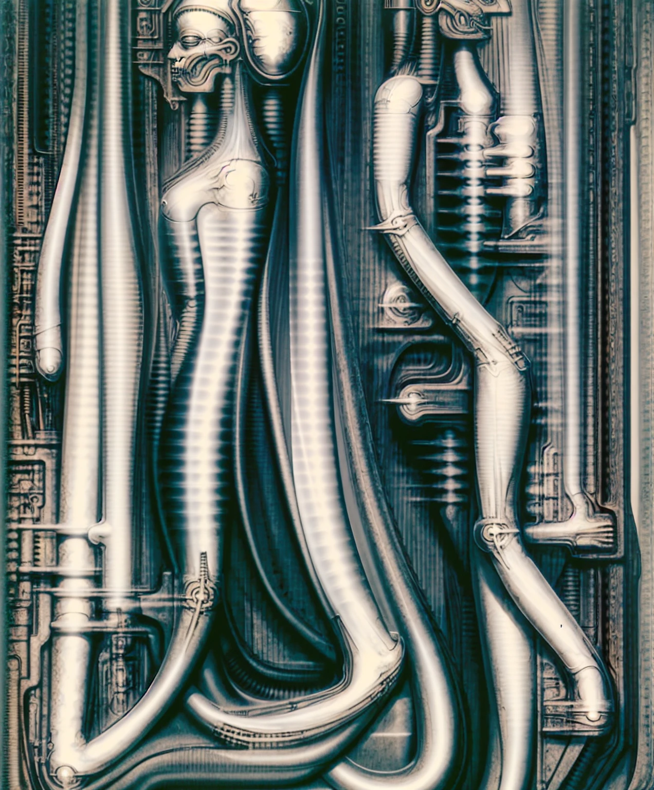 
The image is a detailed view of H.R. Giger's \" kunstwerk \" plate, featuring a complex network of bones and organs in a purple-brown hue ,swirling gray and brown colors. The artwork is silver and purplish brown, with an ivory bones prominently displayed. The image is highly detailed and intricate, almost like a 3d version of a medical diagram 
The image is an artistic representation of a mechanical structure with pipes and gears, with a skeletal creature and a windmill blade.

 The image depicts a complex, mechanical structure with a level of detail achived by fractal algorightmic art, that suggests a sci-fi or futuristic theme.Is a digital artwork featuring a complex, intricate, and colorful design. It is a blend of geometric shapes, lines, and forms that create a sense of depth and dimension.
It's a surreal scene of a robotic humanoid figure placed in a close up of a machine in a building, surrounded by various mechanical parts and structures such as necromorph, energetic beings patrolling, crying cyborg woman, in salvia divinorum, android body, vecna.  This  plenty of  detail  keeps  the  focus  on  the  figures  and  creates  a  sense  of  mystery  about  their  environment. 

 The image .
biomechanical landscape by Hans Rudie Giger composed of fossilized and mummified alien life forms. Image depicts a strange and dreamlike, combines biological and mechanical ,managed  to dreamlike quality. Centralized recognizable shapes of skulls, rib cages, and spines, all intertwined with tubes and cables. These shapes suggest fossilized mummified alien life forms. Central skeletal structures and what appears to be a ribcags of ivory in the foreground are the most identifiable organic elements. The mechanical elements are evident in the wires and tubes emanating from the skeletals, as well as the smooth metallic tubes. In the background shapes are visible that could be interpreted as other fossilized or mummified alien life.
Light source from the top highlights skeletals, 