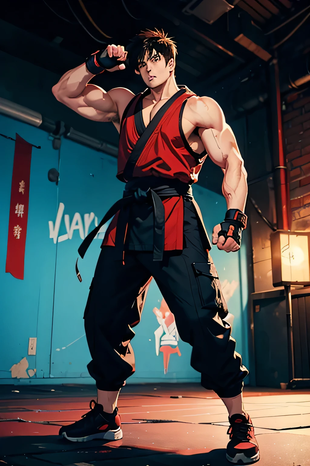 Creates an image of the character Guy from Final Fight 3. He is a martial artist with a typical 90s look.. He wears a red sleeveless gi with a black sash around his waist., fingerless martial arts gloves, and martial arts shoes. Guy has dark brown hair, short and smooth. His expression is serious and determined, showing your dedication to martial arts. The background setting could be an urban street at night, with neon lights and graffiti on the walls, reminiscent of an urban combat environment."