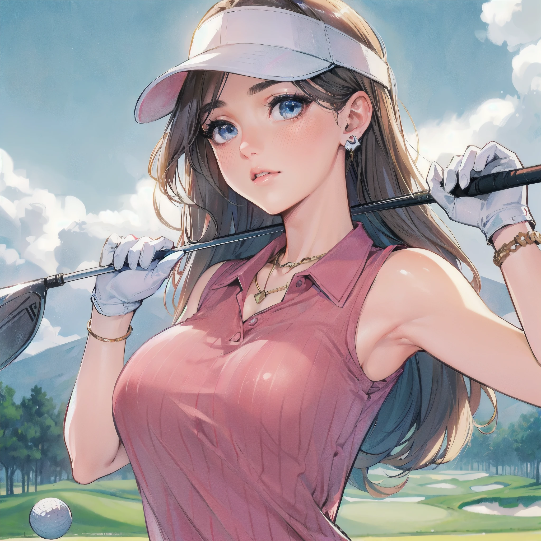 masterpiece, (textured skin), best quality, gorgeous beautiful girl, (a female golf athlete), detailed clothes,large breasts,narrow waist,, (beautiful face), cinematic lighting, (at golf venue ),