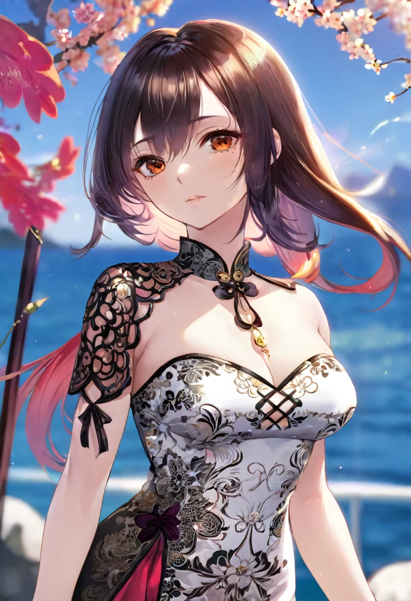 (((best quality))), ((ultra-detailed)), ((an extremely delicate and beautiful)), ((16k)), realistic, hd, cgi, gleaming hair, gleaming skin, gleaming dress, Character focus, solo, strong light coming in, sharp focus, illustration, game cg, anime, solo, curvy, (big breasts:1.3), forehead, ( white gold lining Chinese Lace Up Cheongsam Open Chest Bodycon Dress High Slit Qipao mini), faste collarbone, (belly:0.9), looking at the viewer, ocean, flower hair ornament, accessories, backlighting, shiny skin, shiny body, necklace, jewellery, black-brown hair, bead necklace, red faded into black colored hair, brown eyes, long hair,  red ombre hair, red-black hair, more yellow hair streaks, smaller dress, mommy goddess, looking down at the viewer, goddess, female dominance, loving look, slightly close to the viewer