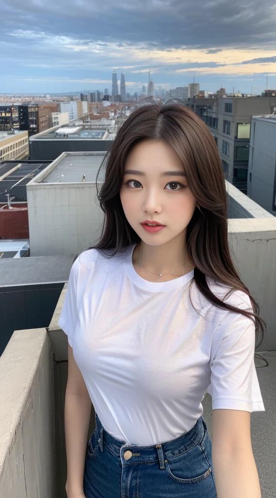 ((Midnight, Highest quality, 8K, masterpiece :1.3)), whole body, Long legs, Sharp focus :1.2, Beautiful woman with perfect figure :1.4, Slim Abs :1.1, ((Dark brown hair, Big Breasts :1.2)), (White tight T-shirt, Jean Bib, Are standing:1.2), ((Night city view, rooftop:1.3)), Highly detailed face and skin texture, Fine grain, double eyelid