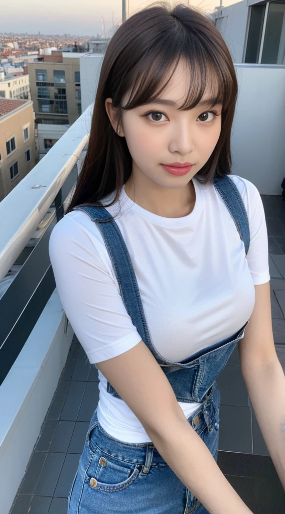((Midnight, Highest quality, 8K, masterpiece :1.3)), whole body, Long legs, Sharp focus :1.2, Beautiful woman with perfect figure :1.4, Slim Abs :1.1, ((Dark brown hair, Big Breasts :1.2)), (White tight T-shirt, Jean Bib, Are standing:1.2), ((Night city view, rooftop:1.3)), Highly detailed face and skin texture, Fine grain, double eyelid