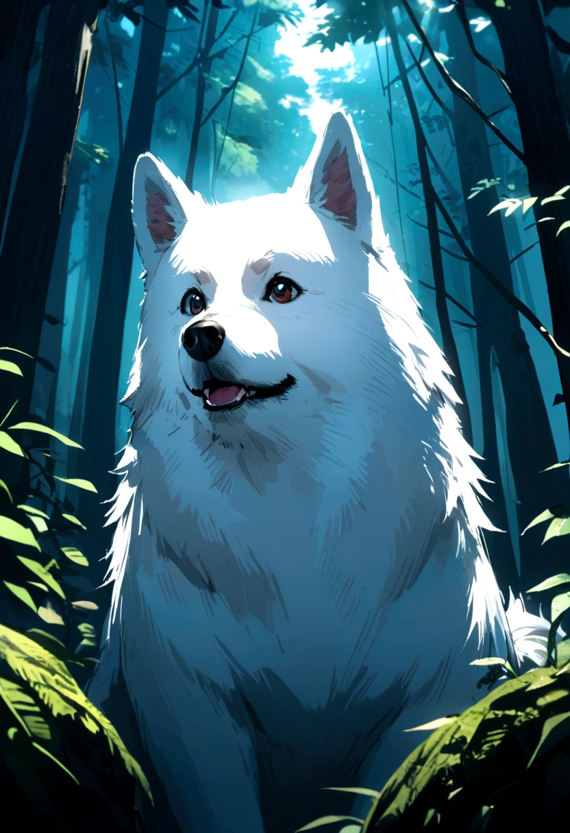 a white dog samoyede in the forest