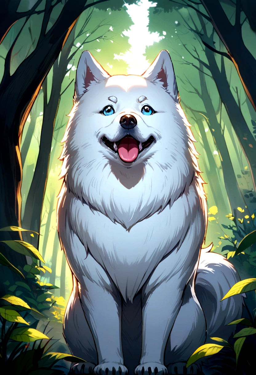 a white dog samoyede in the forest