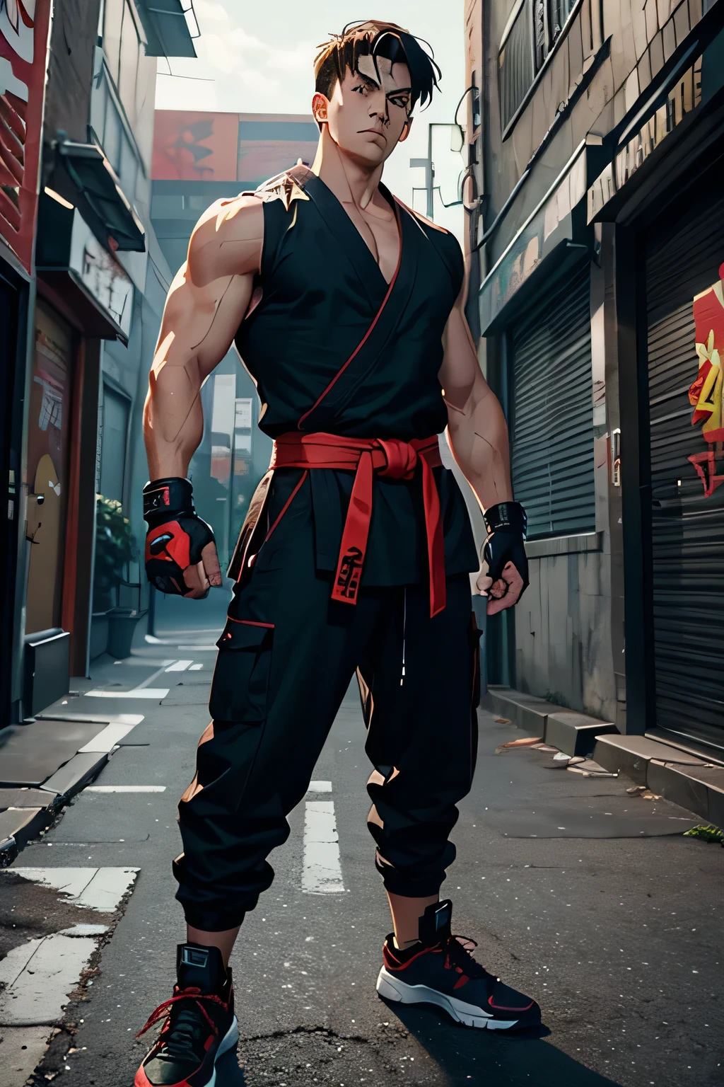 Creates an image of the character Guy from Final Fight 3. He is a martial artist with a typical 90s look.. He wears a red sleeveless gi with a black sash around his waist., fingerless martial arts gloves, and martial arts shoes. Guy has dark brown hair, short and smooth. His expression is serious and determined, showing your dedication to martial arts. The background setting could be an urban street at night, with neon lights and graffiti on the walls, reminiscent of an urban combat environment."