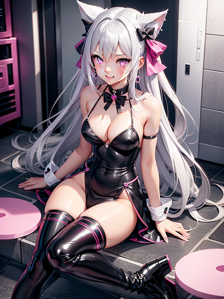 Silver hair, pink eyes, body, cat ears, sexy girl, earrings, background fantasy,uniform, hair bows, sit down, happy face