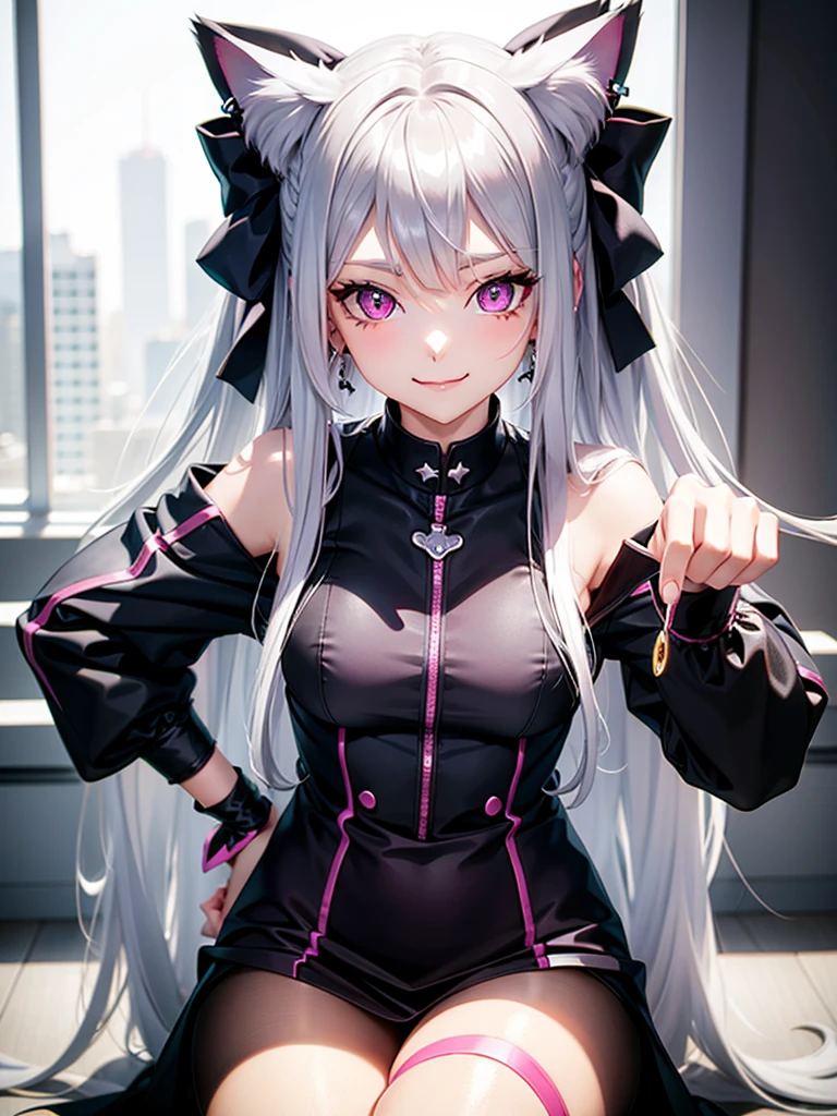 Silver hair, pink eyes, body, cat ears, sexy girl, earrings, background fantasy,uniform, hair bows, sit down, happy face