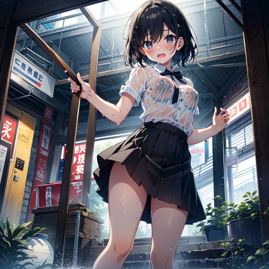 1 girl, solo, medium breasts, , squeezing skirt, standing, wet clothes, wet hair, wet skirt, (young:2.0), baby face, Round face, short limbs, short torso, crowd, open mouth, inside the station
Gravure, (temptation pose: 0.9), (ecstasy: 0.9), shyness, blushing,
