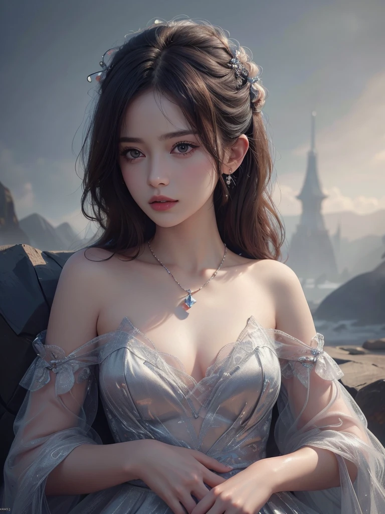 Highest quality, masterpiece, Ultra-high resolution, (Realistic:1.5), RAW Photos, 1 Girl, Off the shoulder, In the Dark, Deep Shadow, Discreet keys, Cold Light,  Looks, Gorgeous Dress、elegant necklace、((Small breasts))、Looking at the audience、