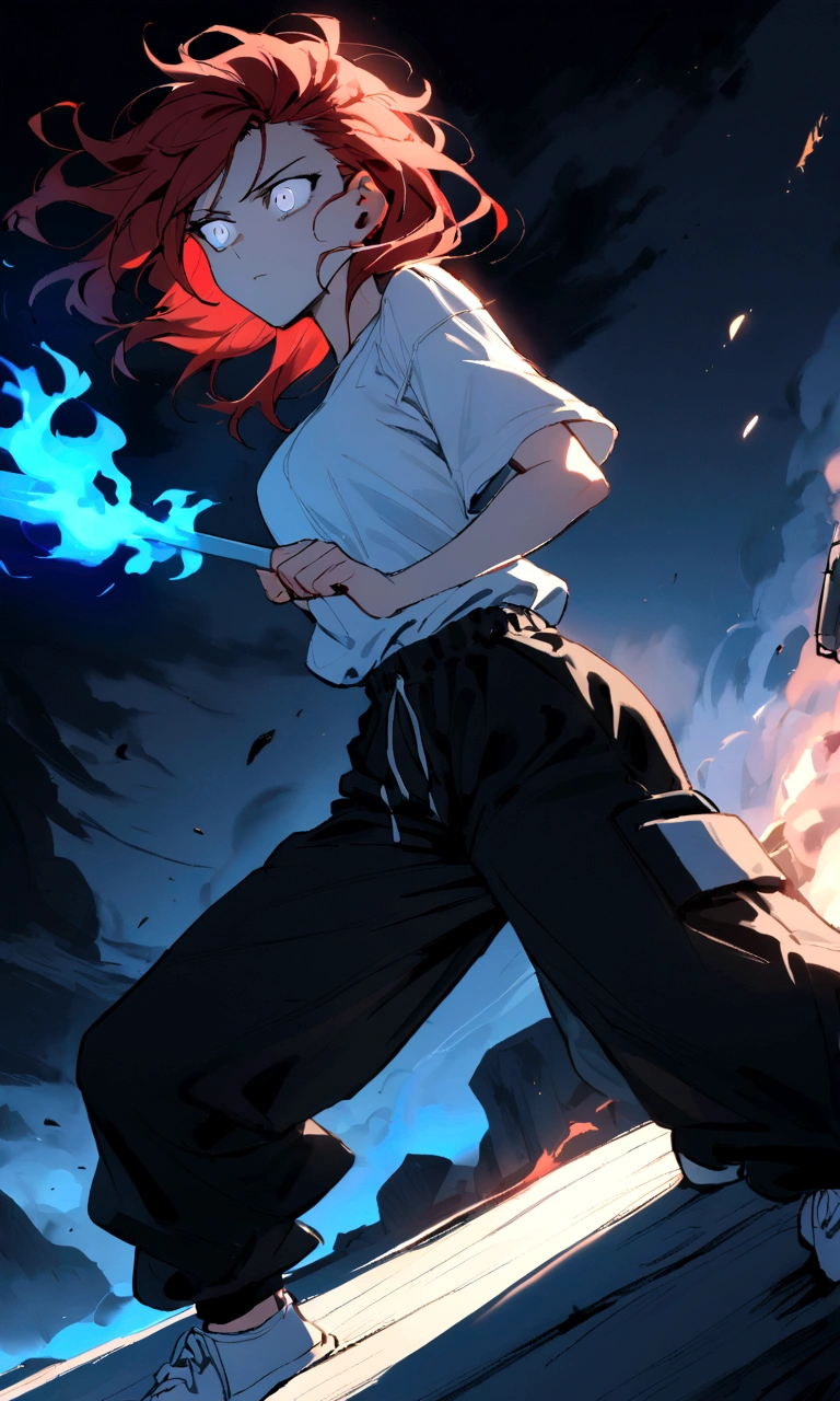 make me a female, 22 years old, red long messy hair, white eyes, she's blind, white tight shirt and baggy black sweatpants, emotionless face, she's fighting, blue fire powers