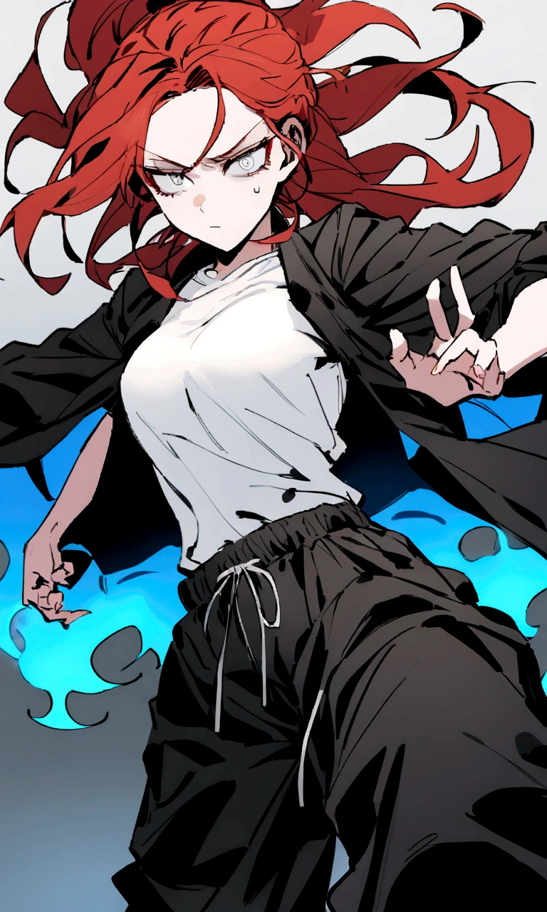 make me a female, 22 years old, red long messy hair, white eyes, she's blind, white tight shirt and baggy black sweatpants, emotionless face, she's fighting, blue fire powers