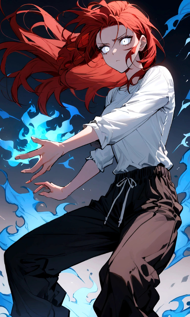 make me a female, 22 years old, red long messy hair, white eyes, she's blind, white tight shirt and baggy black sweatpants, emotionless face, she's fighting, blue fire powers