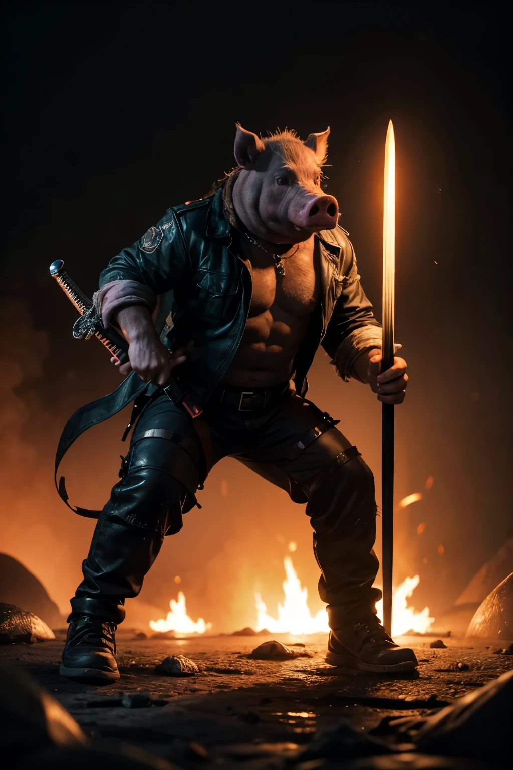 A zombie pig holding a sword in a dark, lava-filled 80s movie-style dimension