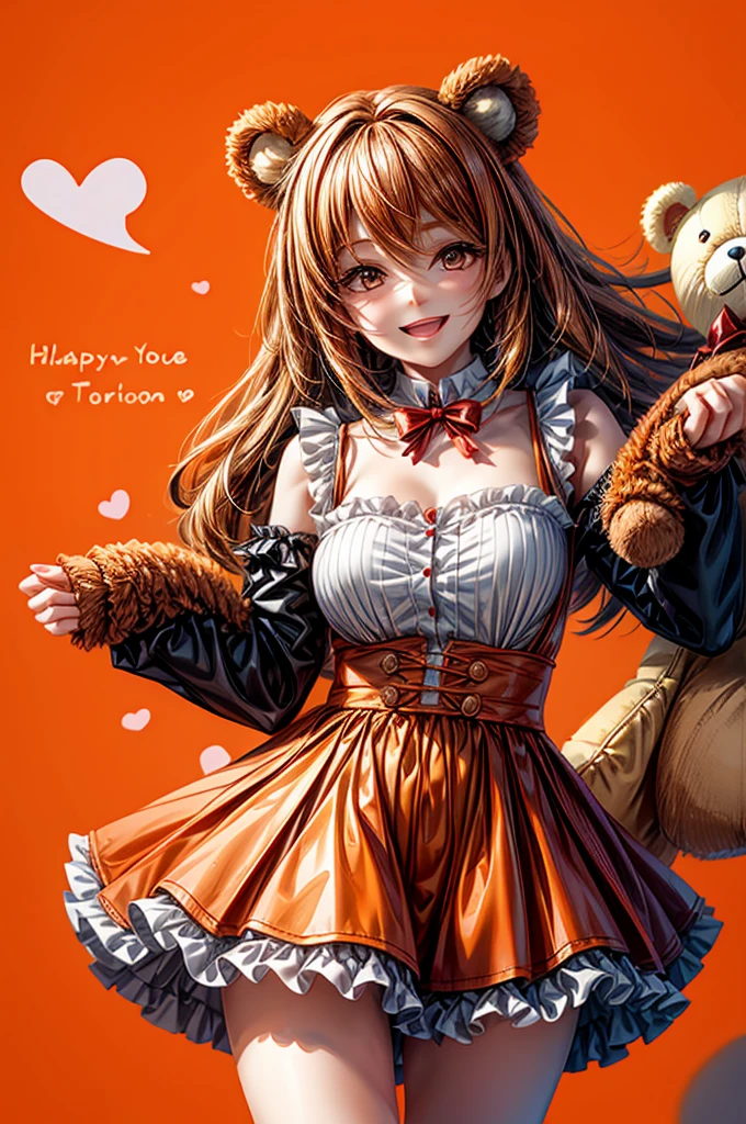 celebration, Give the teddy bear, A big smile, Orange background