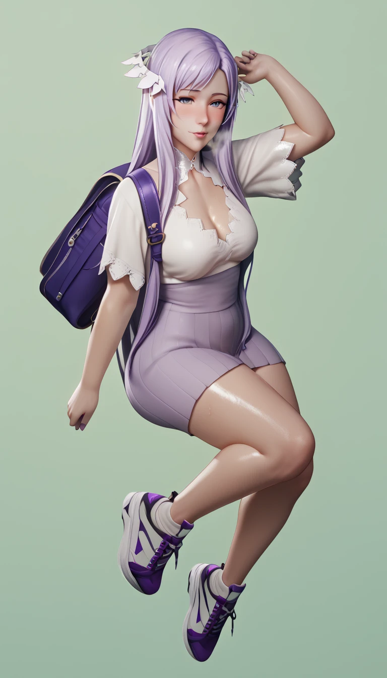 score_9, score_8_up, score_7_up, score_6_up, uncensored, quinella, absurdly long hair, purple eyes, long hair, parted bangs, purple hair, very long hair, hair ornament, horny face, blush face, lips, naughty face, shiny skin, sweating, steaming body, saliva, curvy, voluptuous, heavy breathing, large breasts, detailed body, detailed eyes, thighs, pin up model pose, green fields background, carrying backpacks, high sneakers