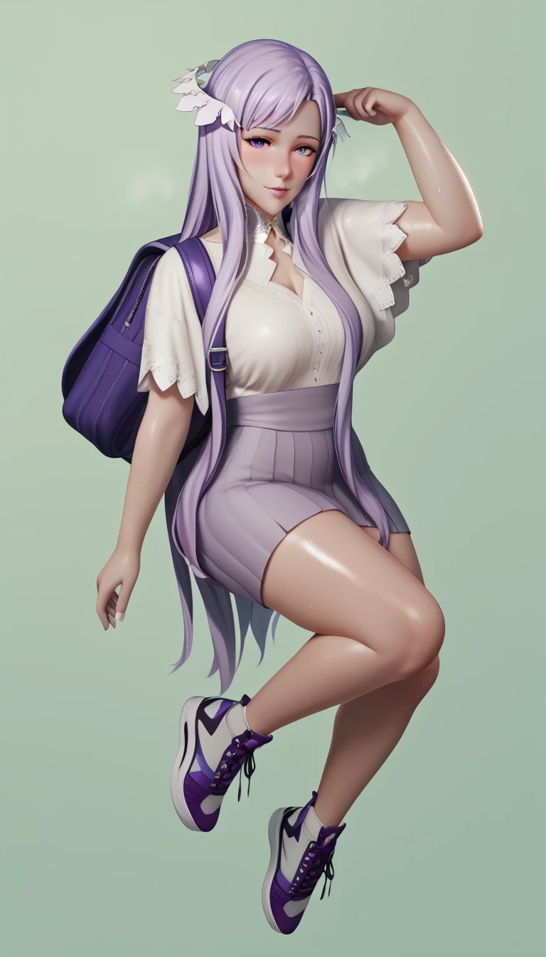 score_9, score_8_up, score_7_up, score_6_up, uncensored, quinella, absurdly long hair, purple eyes, long hair, parted bangs, purple hair, very long hair, hair ornament, horny face, blush face, lips, naughty face, shiny skin, sweating, steaming body, saliva, curvy, voluptuous, heavy breathing, large breasts, detailed body, detailed eyes, thighs, pin up model pose, green fields background, carrying backpacks, high sneakers