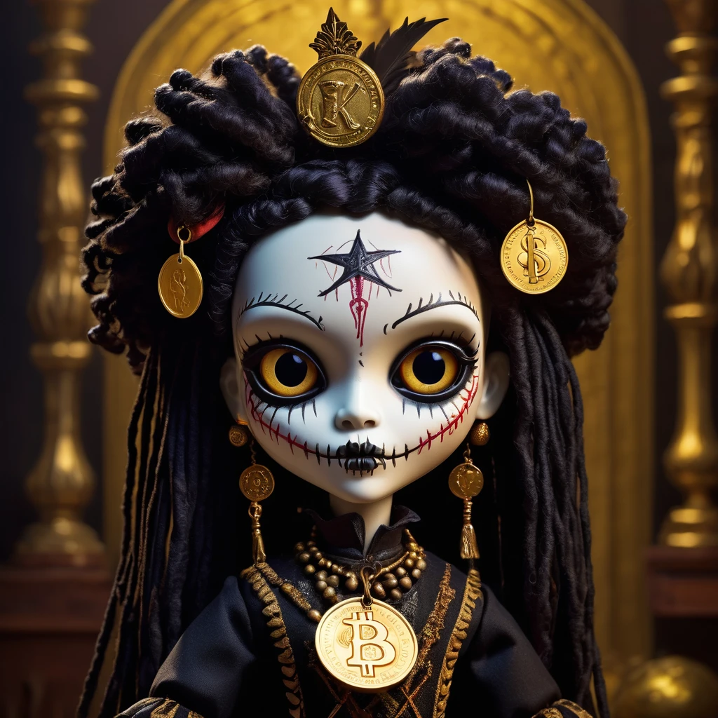 (Knitted toy doll voodoo:1.9), (Voodoo Gothic rich:1.3), (Classic costume with Gothic elements and lace cuffs:1.0), (in the hands of a magic wand with a gold coin at the end:1.9), (against the background of gold coins :1.3), best quality, masterpiece, detailed soft oil painting, detailed background, dramatic cinematic lighting, soft edge lighting, professional, dramatic lighting, hard edge lighting, ultra quality, 4k, masterpiece, best quality, 8k, ultra high definition, high resolution, extremely detailed