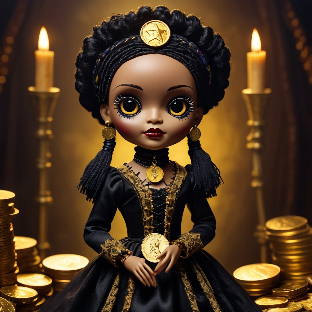 (Knitted toy doll voodoo:1.9), (Voodoo Gothic rich:1.3), (Classic costume with Gothic elements and lace cuffs:1.0), (in the hands of a magic wand with a gold coin at the end:1.9), (against the background of gold coins :1.3), best quality, masterpiece, detailed soft oil painting, detailed background, dramatic cinematic lighting, soft edge lighting, professional, dramatic lighting, hard edge lighting, ultra quality, 4k, masterpiece, best quality, 8k, ultra high definition, high resolution, extremely detailed