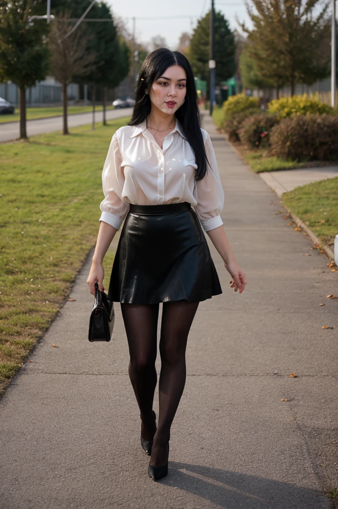 1girl, black hair, long hair, outside, walking, cumfacial55, facial, dark blouse, tiny miniskirt, pantyhose, high heels
