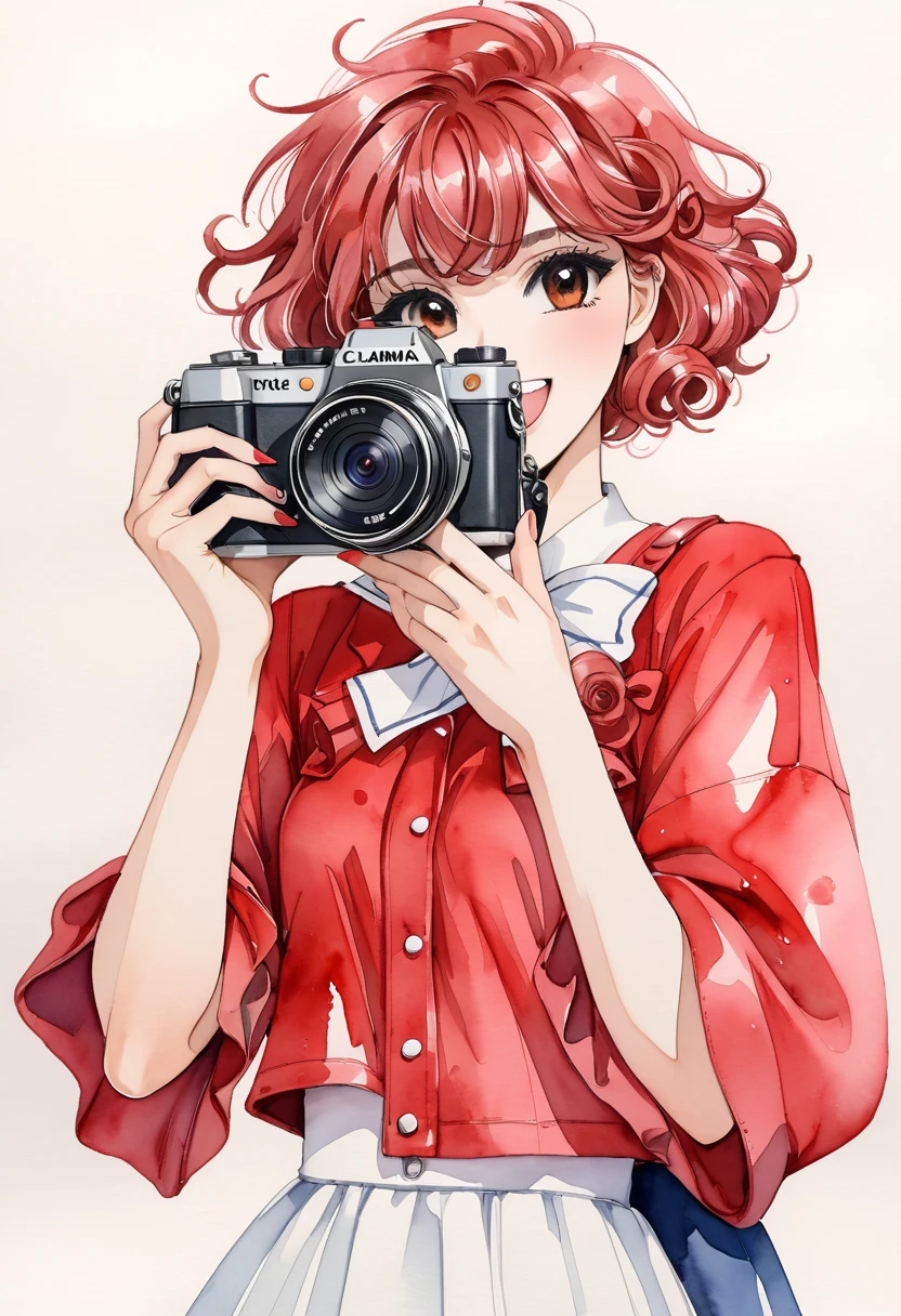 (Blank Background:1.5)、(masterpiece、Highest quality、Highest quality、Watercolor(curly)、Official Art、Beautiful and aesthetic:1.2)、(1 Girl 1.3)、(Female about 20 years old)、Upper body、Upper Body、Change your body position、Looking at the audience、(Red Short Hair:1.5)、laughing、One small camera、(Have a camera)、
