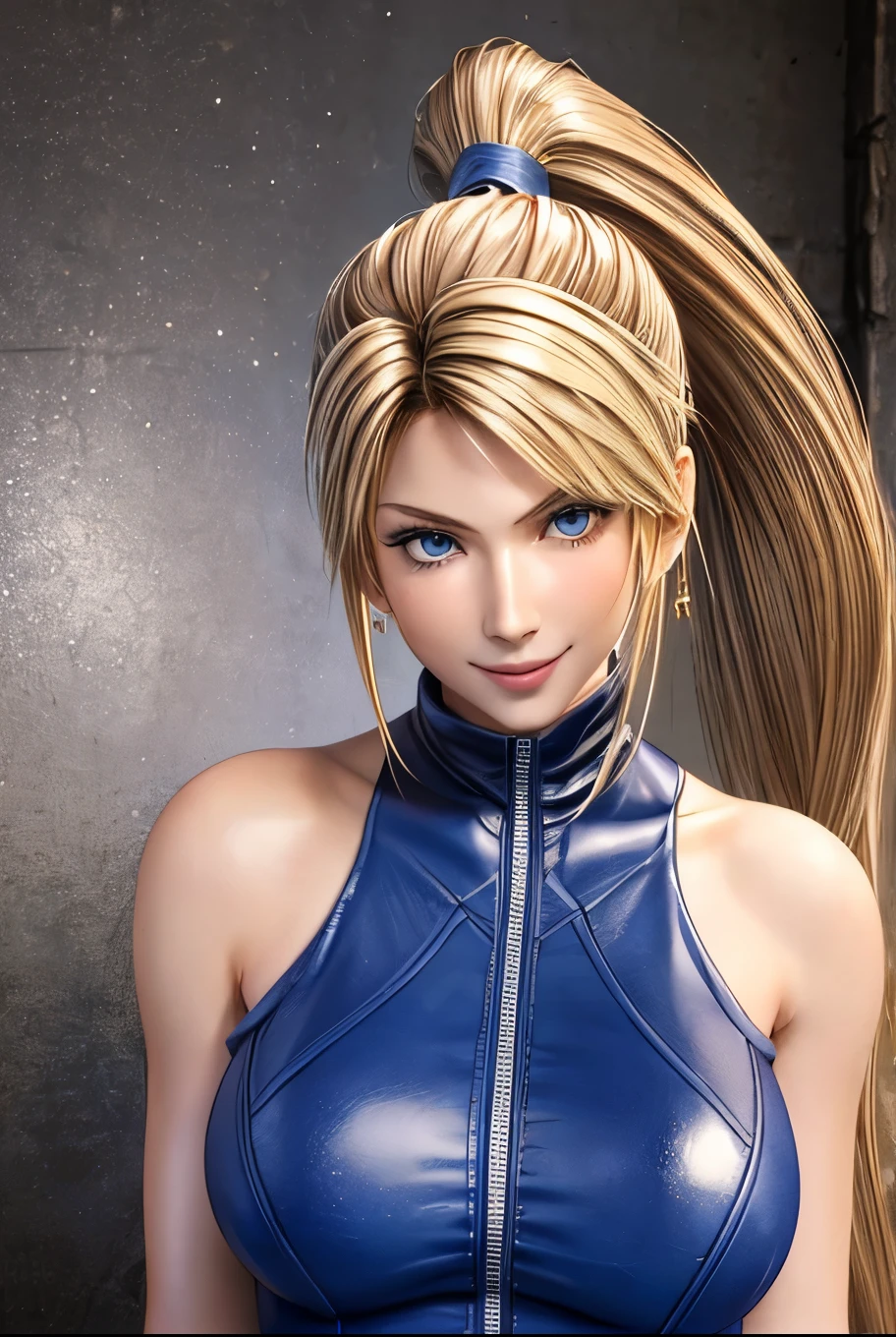Sarah, blue eyes, American, hugging herself, angle view, (full bodysuit:1.1), (skinny girl:1.0), (36 inch chest:1.3), ((long ponytail:1.3)), (free flowing hair:1.4), cowboy shot, blonde hair, long hair, (long side burns:1.4), Shoulders exposed, (arms exposed:1.0), (very detailed skin:1.5), belt ,sleeveless, (closed zipper), earrings, fingerless short gloves, BREAK masterpiece, 1 girl, RAW photo, (best quality:1.2), extremely delicate beautiful, very detailed, 2k wallpaper, amazing, fine details, (medium breasts:1.3), extremely detailed CG Unity 8k wallpaper, super detailed, high resolution, (beautiful detailed girl:1.4), perfect anatomy, wide cheeks, (shiny clothes:1.1), (smile:1.2), (upper body:1.3), (Realistic, Photorealistic:1.0), (thin nose:1.2), (breast focus:1.3), 20 year old, high nose bridge, (blue clothes:1.2), fighting pose, fighting arena, armpit against wall, wide face, (wide smile:1.3), closed mouth