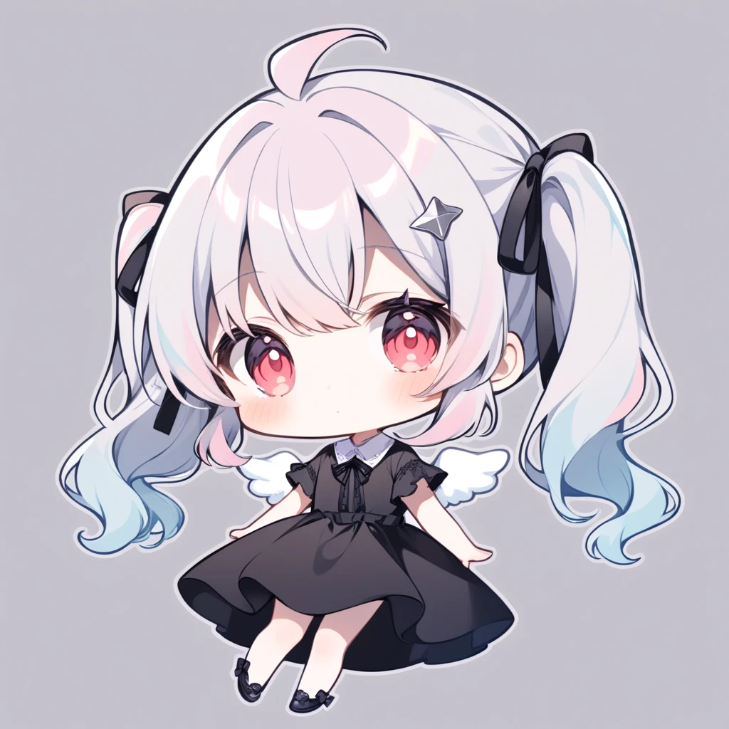pastel colors, chibi, (little angel:1.5), 1girl, red eye, twin tails, silver hair, ahoge, black ribbon, black dress