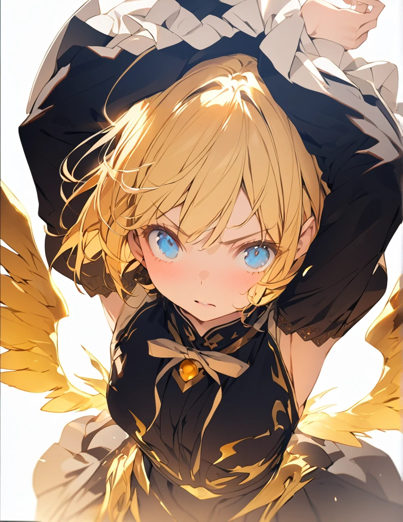 masterpiece Golden Wings A masterpiece of ultra-precise description of a girl fighting with golden flames (Short Bob Hair:1.4),(blue eyes) Golden flames rise all over