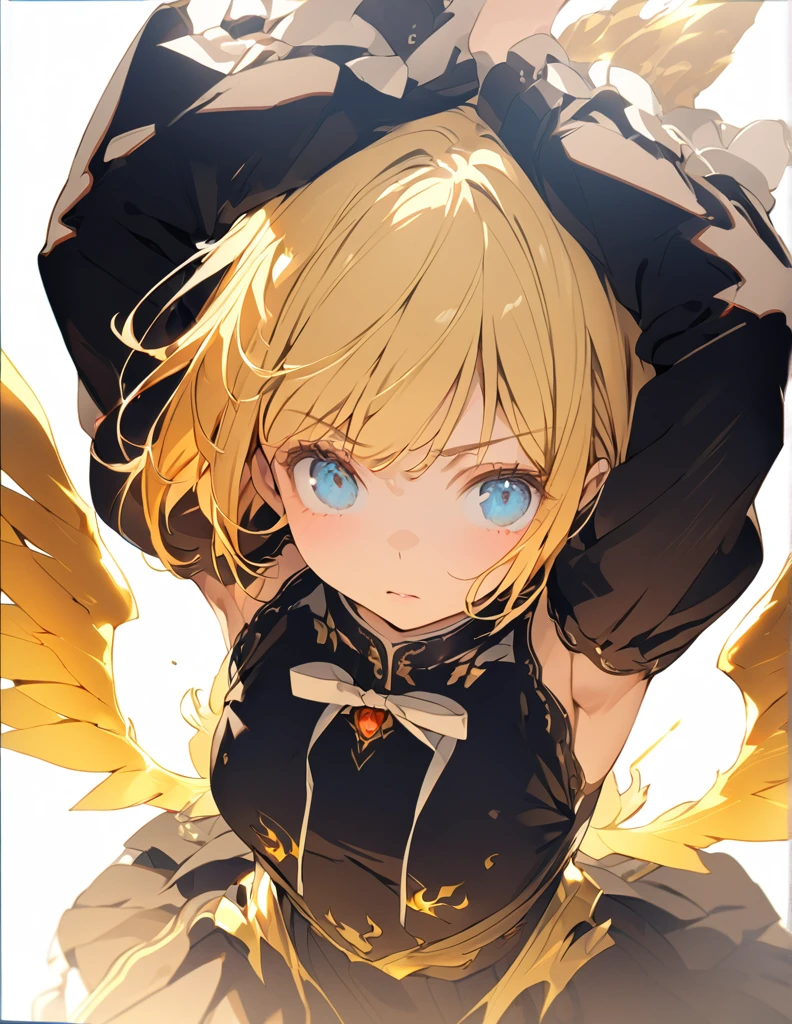 masterpiece　Golden Wings　A masterpiece of ultra-precise description of a girl fighting with golden flames (Short Bob Hair:1.4),(blue eyes) Golden flames rise all over