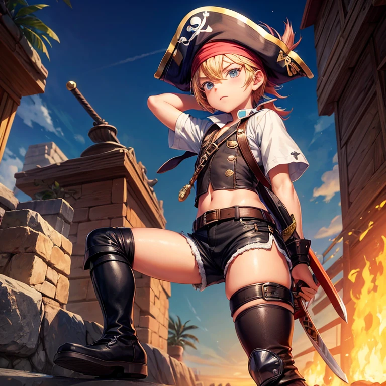 A cartoon 9-year-old pirate boy wears thigh-high shorts. with boots. and holding a sword