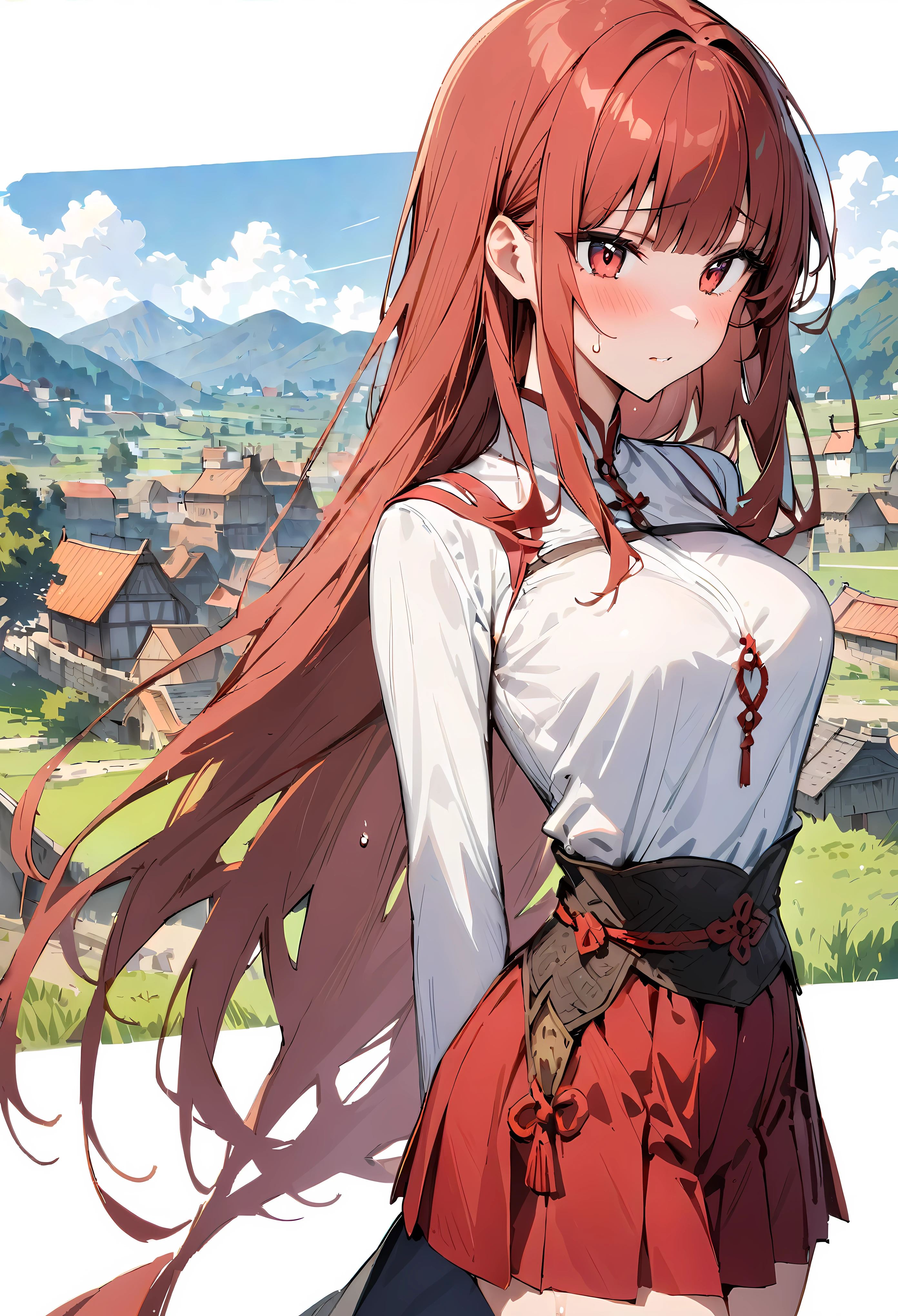 ((masterpiece,Highest quality:1.3)),1woman,30 year old beauty,solo,((very small head:1.3)),red hair,long hair,blunt bangs,red eyes,gorgeous eyes,shy,medium breasts,((very long body:1.2)),((toned body,slender body,)),skinny,gleaming skin,shiny skin,sweat,((Red pleated mini skirt)),(White Henley Shirt、Long sleeve),((Red mini skirt))、rural area、sunny、Medieval Europe、