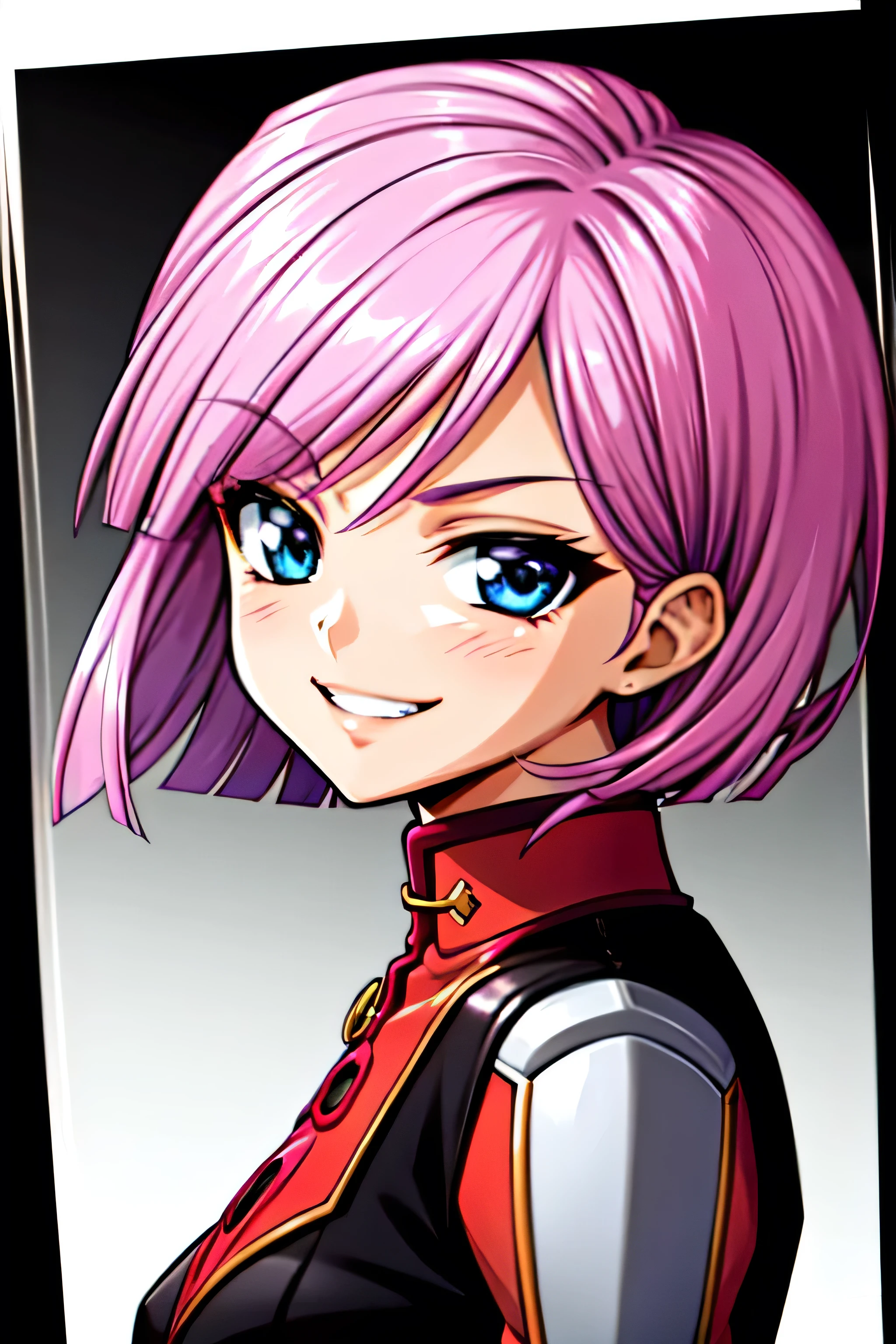 (best_quality 4K, 8K, High resolution, Masterpiece: 1.2), ultra detailed),from_below,(anime_screencap),(1girl,solo),dynamic_angle,too evil_smile,too evil laugh at,tis,deep shaded_face,too sadistic,smile worst,,bob short hair,,,looking at viewer,upper body,black background,too worst smile,