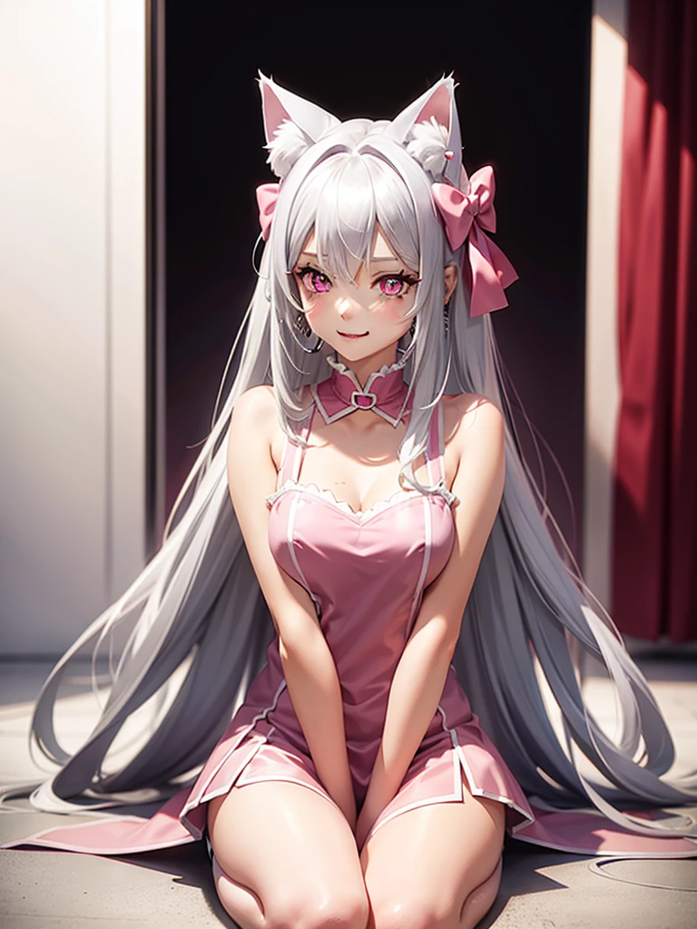 Long silver hair, pink eyes, body, cat ears, girl, earrings, heart background fantasy, princess, godly, hair bows, happy face, laying down