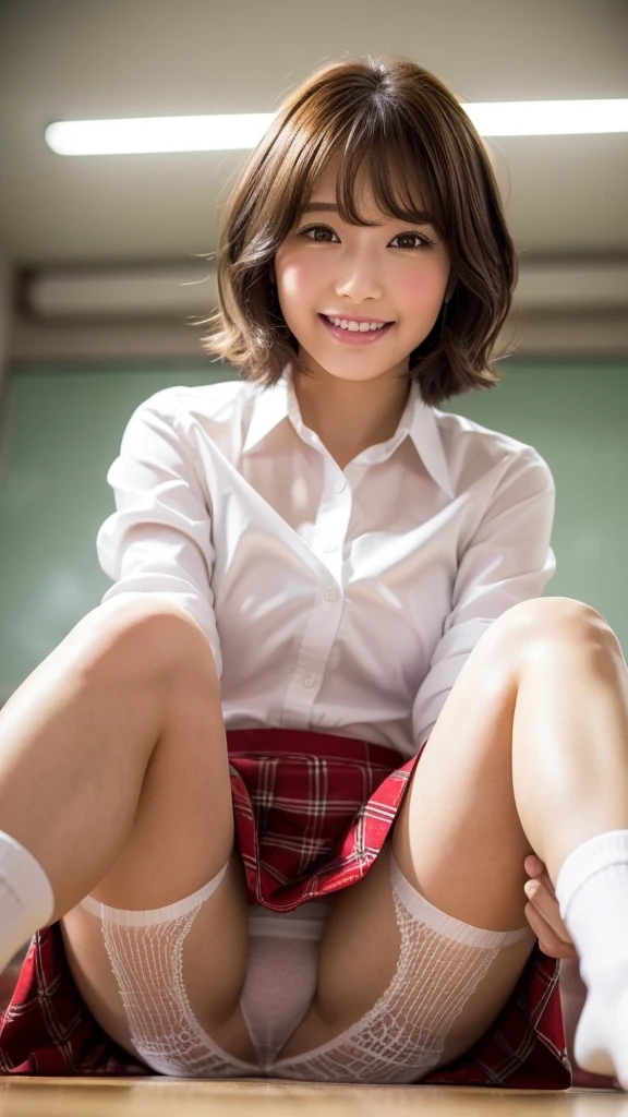 White panties、Brown Loafers、smile、Bright classroom、(((alone))),(((1 girl))), Slim and beautiful thighs, Highly detailed skin, masterpiece, Highest quality, 非常にDetailed face, Vibrant colors, Depth of written boundary, Cinema Lighting,, One girl, alone, Brown eyes, Brown Hair, hair ornaments,short hair,Red Check Skirt,blush, White shirt, masterpiece Highest quality High resolution、Sit with your knees bent、Beautiful feet 、On campus、As if looking up from below、Embarrassing,Browsing Caution,White panties,Camel Toe、((Tabletop, Highest quality, High resolution, Pixel perfect, 4K, ))), 1 Girl, single, alone, Beautiful woman、I could see the whole body、 ((Short Wavy Hair, bangs, Brown Hair)), ((Brown eyes, Beautiful eyelashes, Realistic eyes)), ((Detailed face, blush:1.2)), ((Smooth texture:0.75, Realistic texture:0.65, Realistic:1.1, Anime CG Style)), Medium chest, Dynamic Angle, Perfect body, ((school uniform, White shirt, Red Skirt, Unbuttoned shirt、Red Check Skirt、White socks)), An empty classroom、Sit at a desk、I took my feet off the desk.、smile、(Lift up your skirt with your right hand、Spread your legs、Knees wide open、white lace panties)、、(Cute Bra)、Angle from below