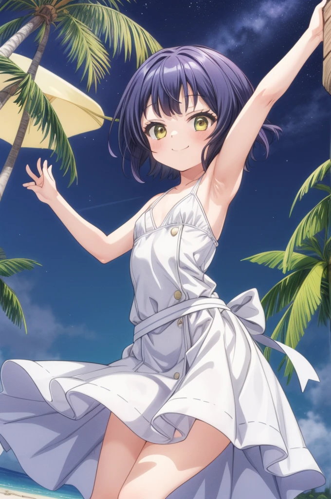 masterpiece,best quality,1girl,solo,jouga maya, blue shorthair,1girl,(petite),smile,close up,small breasts,white summer dress,white long skirt,dark night,dancing,wind,palm tree,night,galaxy,looking up viewer,beach,
