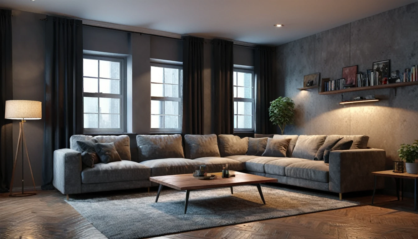 3d rendering of the interior of an apartment room, modern furniture, photorrealistic,
