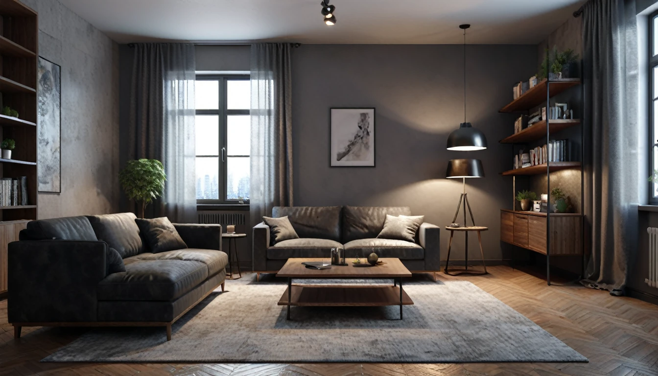 3d rendering of the interior of an apartment room, modern furniture, photorrealistic,